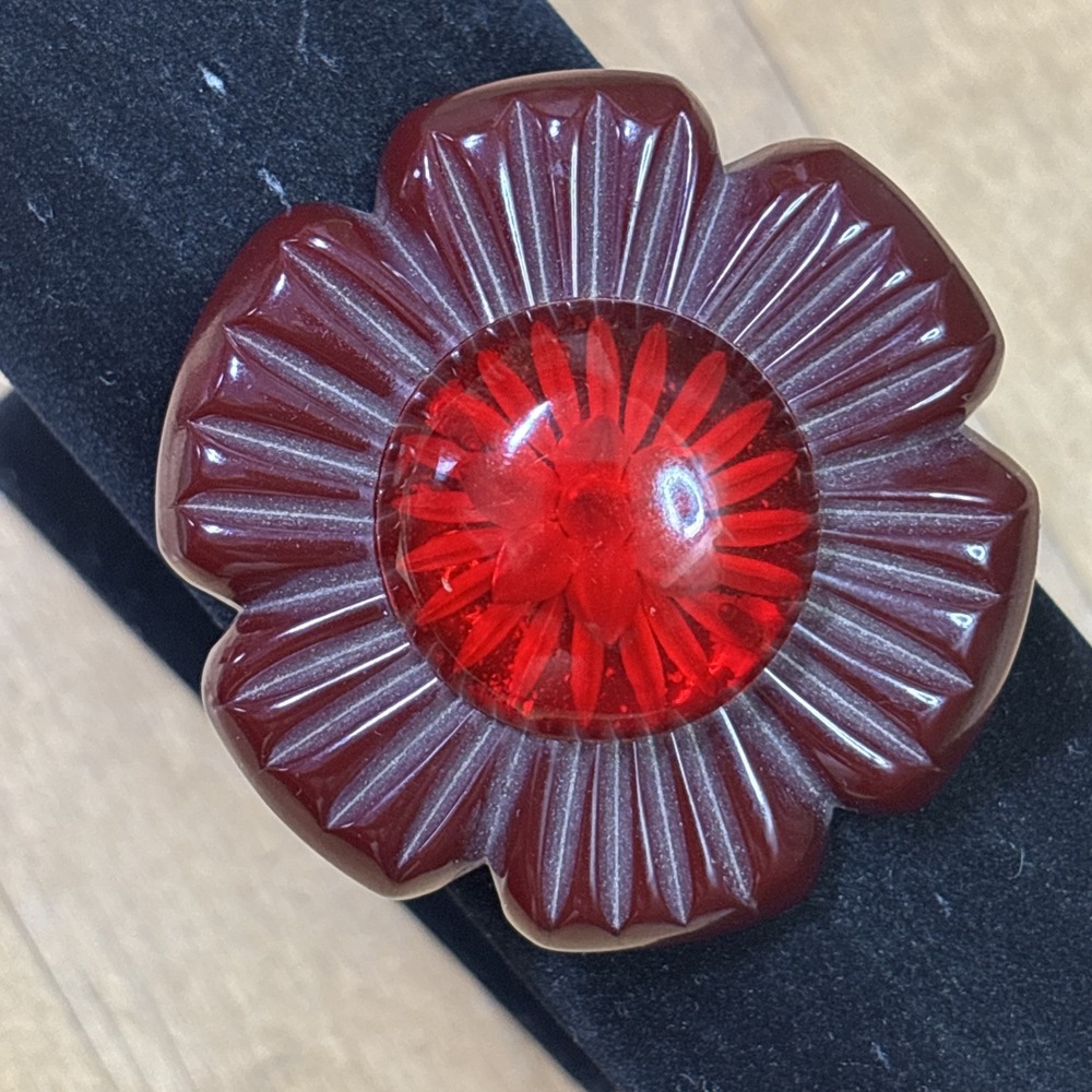 Rare 1930s Art Deco Bakelite Brooch Reverse Carved Lucite Dome Cherry Flower